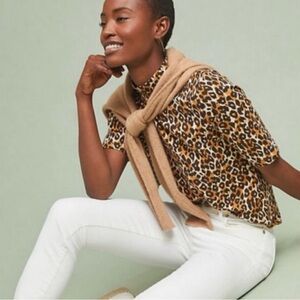 Anthropologie Leopard Print Short Sleeve Mock Turtleneck Top - Small EUC